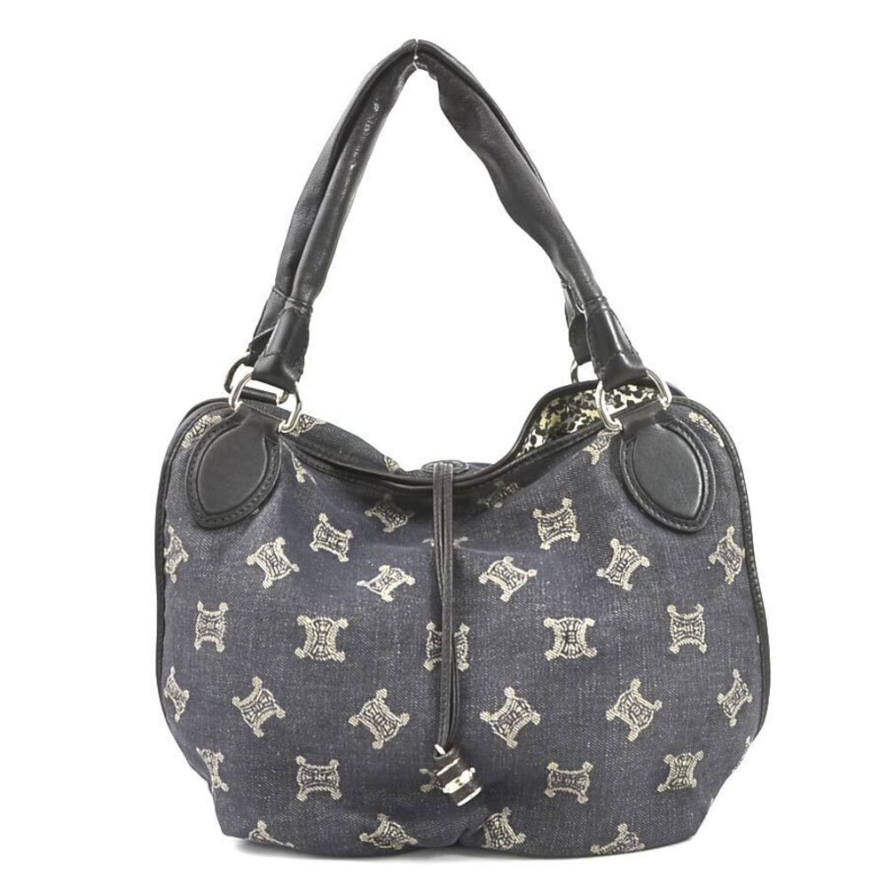 Celine Shoulder Bag Canvas Leather Navy Blue Brown Silver